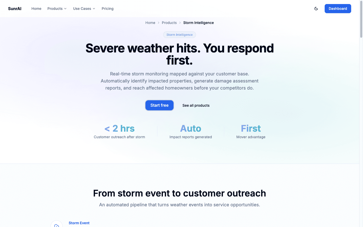 SunrAI Storm Intelligence — real-time storm tracking and customer outreach